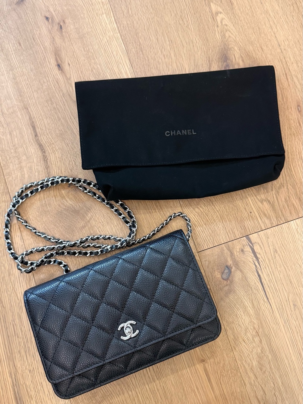 CHANEL Black Quilted Caviar Leather Wallet-On-Chain with Silver-Tone Chain